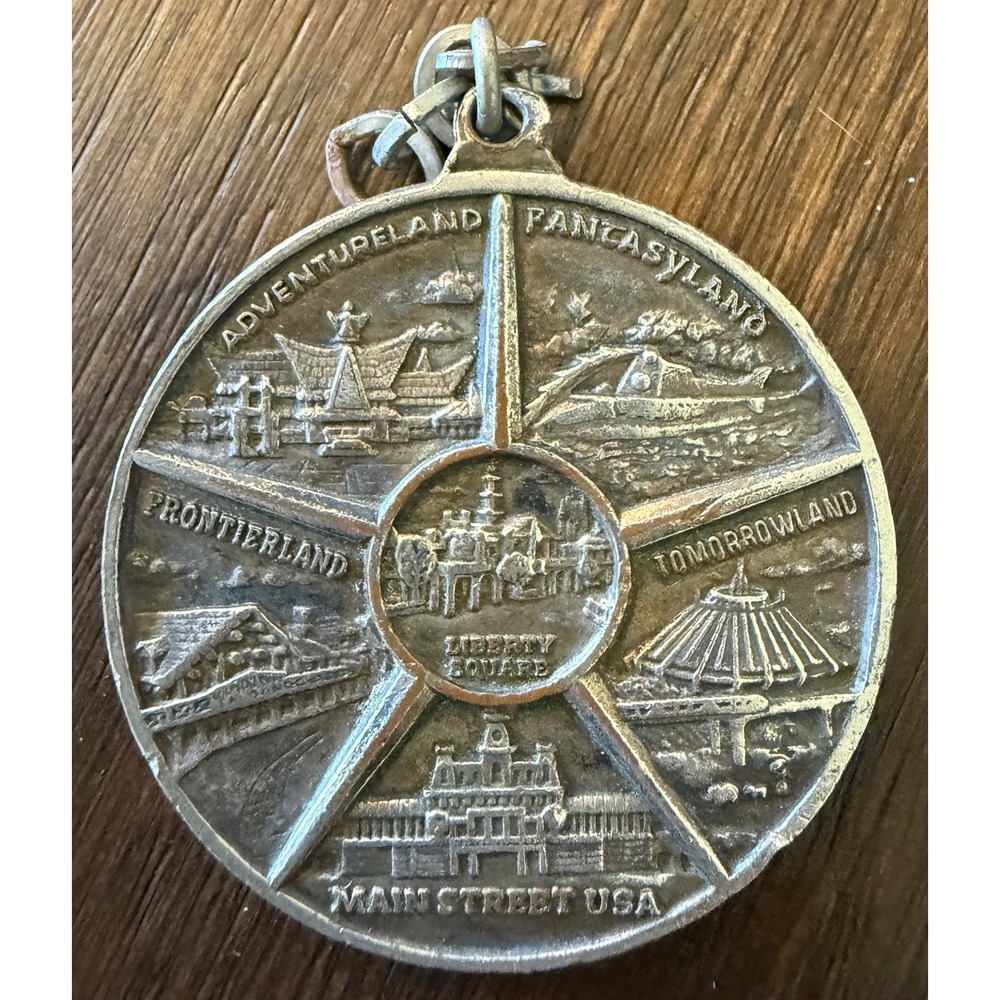 Vintage Walt Disney World Keychain Medallion Magic Kingdom Lands Pewter Tone